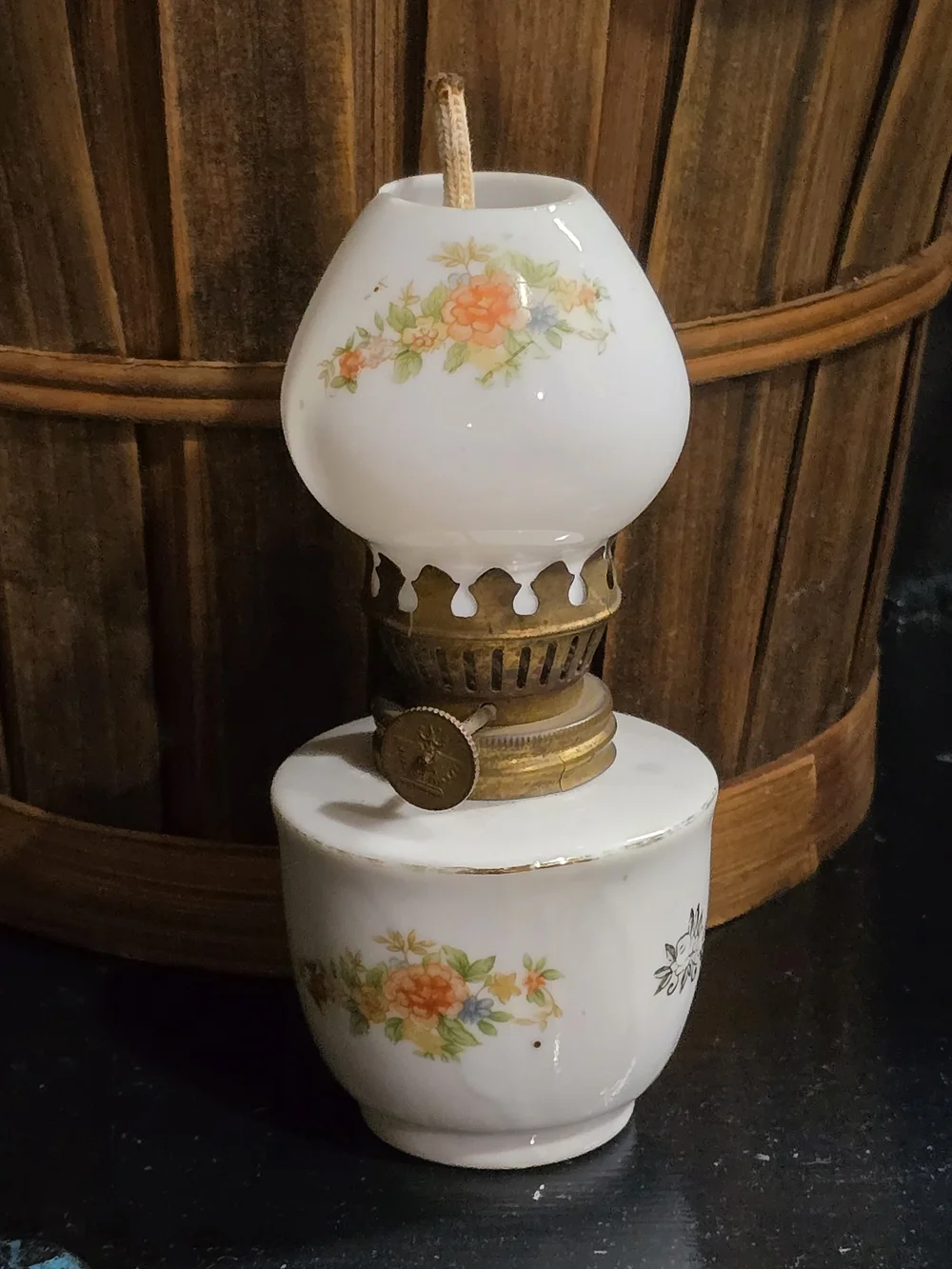 Vintage White Milk Glass Lantern with Orange and Green Floral Motif
